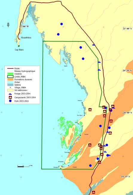 Carte des forages et puits à l'intérieur et l'extérieur du PNBA
