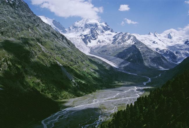 Proglacial margin crossed by a brook. In the background, the Tschierva (left) and Roseg (right) glaciers.