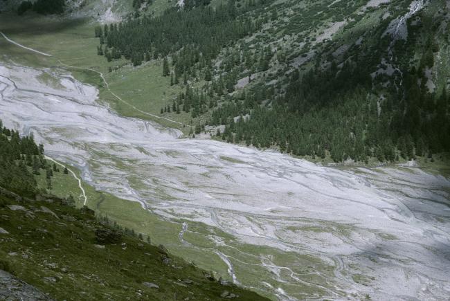 Meandering of a brook through the proglacial margins of Vadret da Tschierva and Vadret da Roseg, in the Roseg valley.