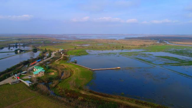 Sorkhankol and Sorkhankol Wildlife Refuge. Selke WR station, Anzali Wetland Education Center and attached observation facilities are seen.
