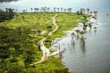 aerial view Lake nakuru showing submerged roads after lake water level rise