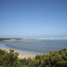 Glenelg River Estuary as viewed from the Beach Road lookout, the opening to the ocean can be seen at far right. 
